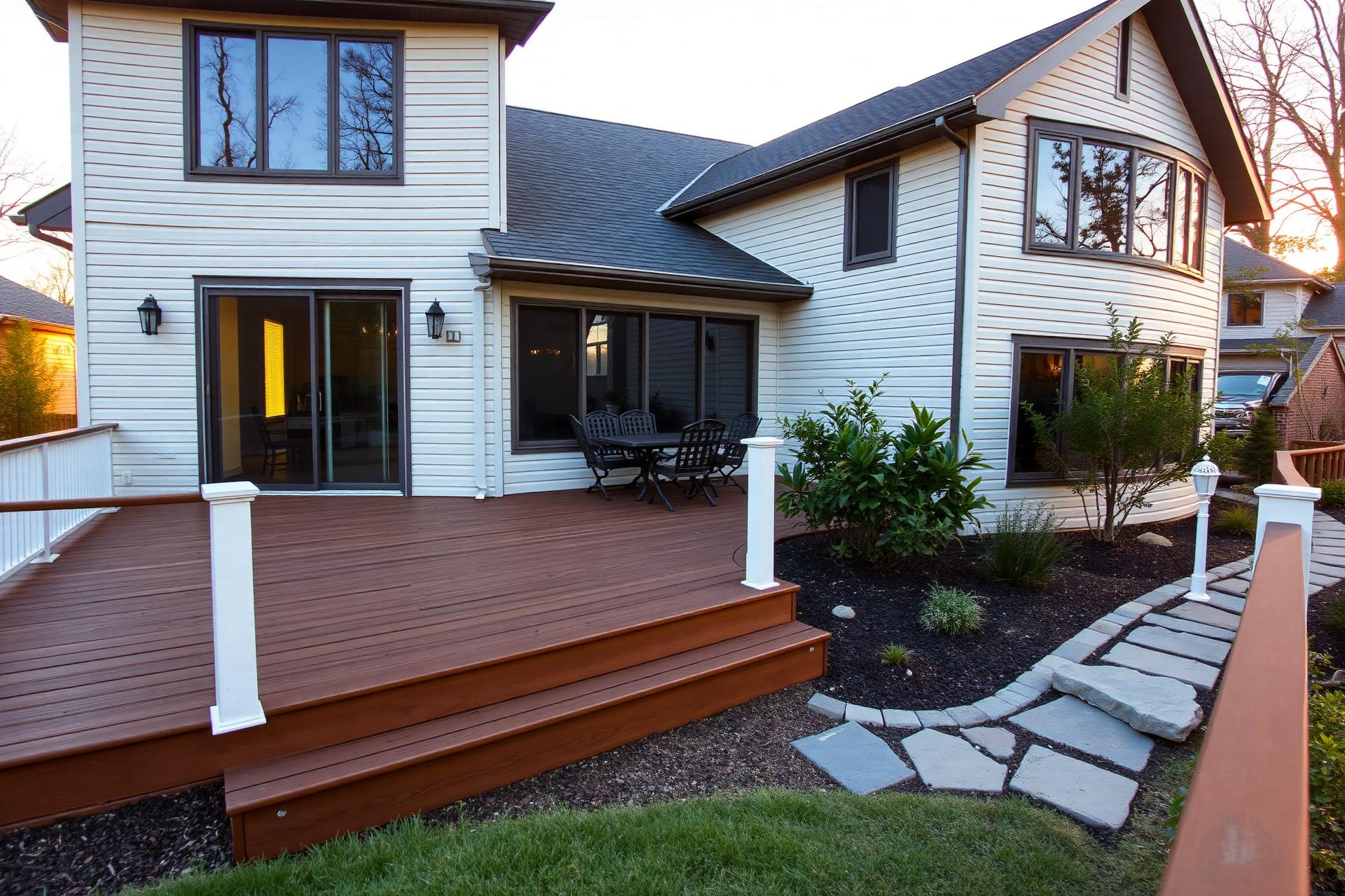 Newly built backyard deck and stone walkway on a Milwaukee home at golden hour